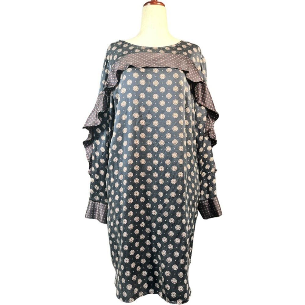 Banana Republic SILK Foulard Ruffle Blue Dress Long Sleeve Gold Stud Buttons 8‎ - Picture 2 of 14